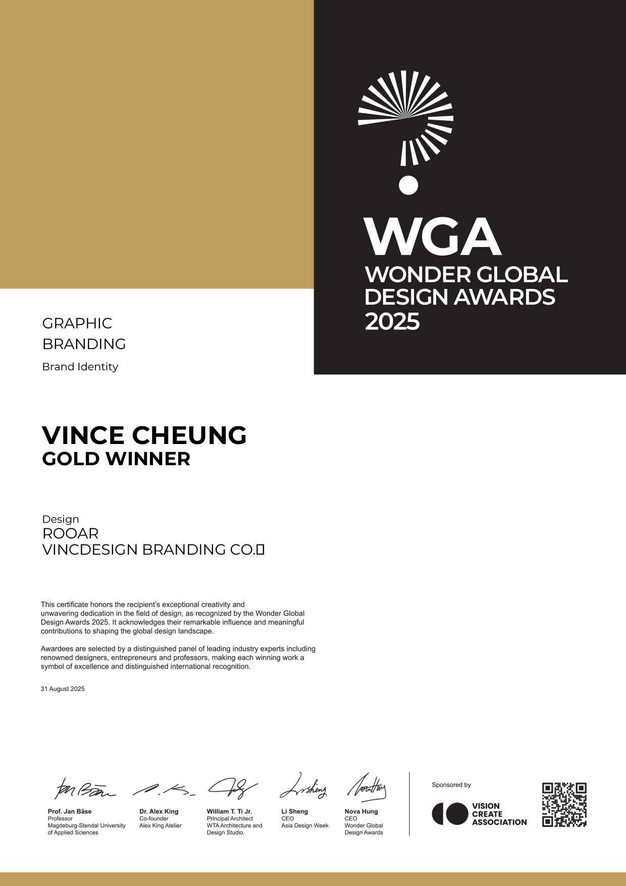 VINCDSIGN 品牌設計公司憑藉 Rooar 設計作品榮獲2025年 Wonder Global Design Award 雙金獎及全球設計公司50強殊榮