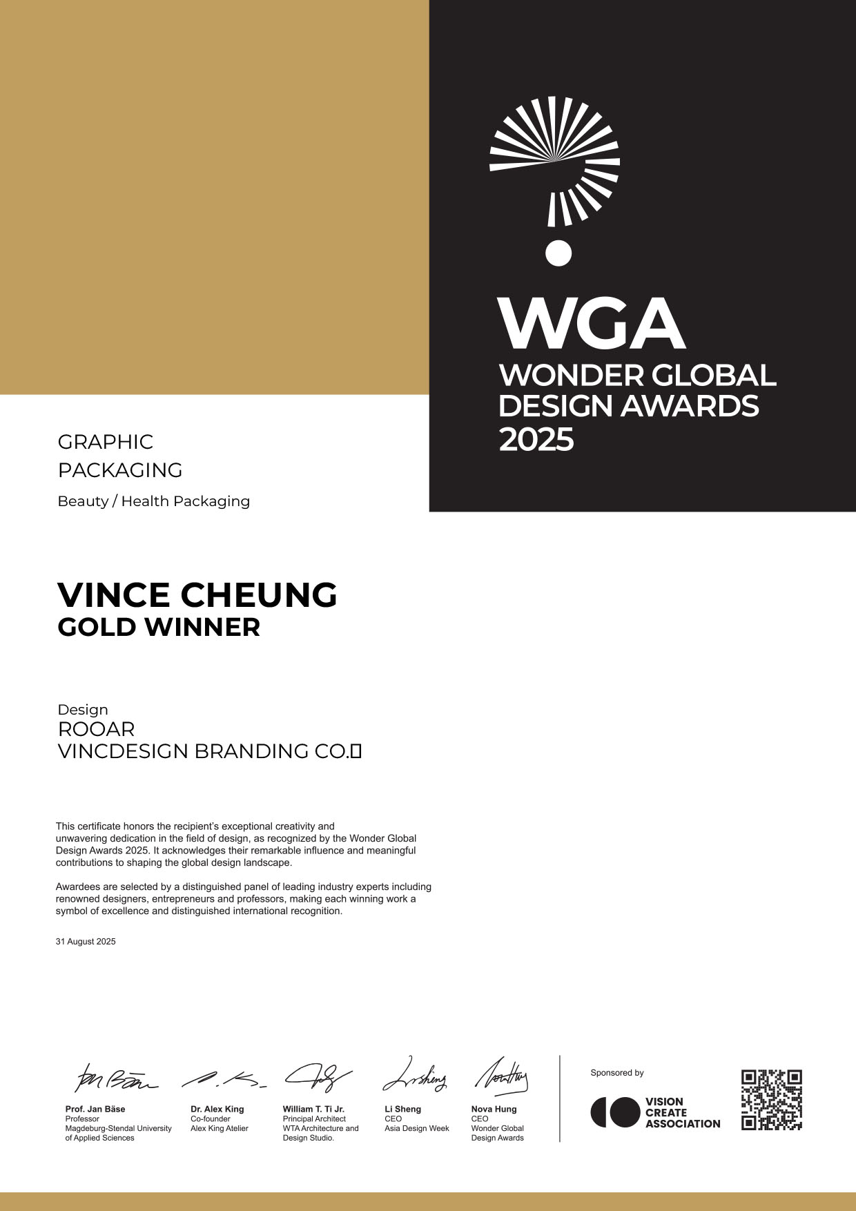VINCDSIGN 品牌設計公司憑藉 Rooar 設計作品榮獲2025年 Wonder Global Design Award 雙金獎及全球設計公司50強殊榮